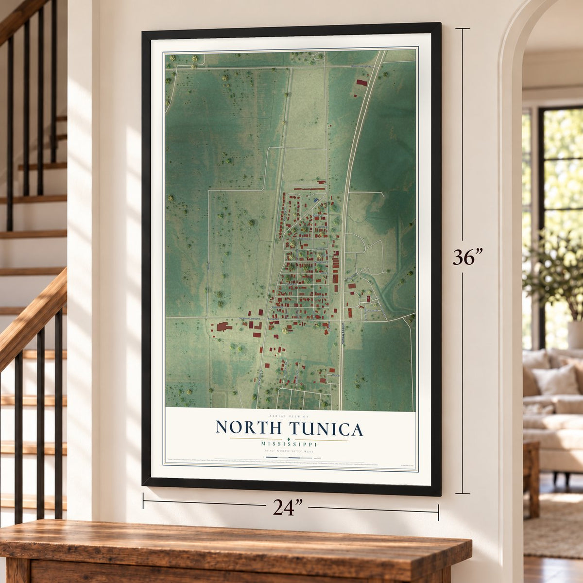 North Tunica, Mississippi map, 24 x 36 inch print in a black frame by a staircase