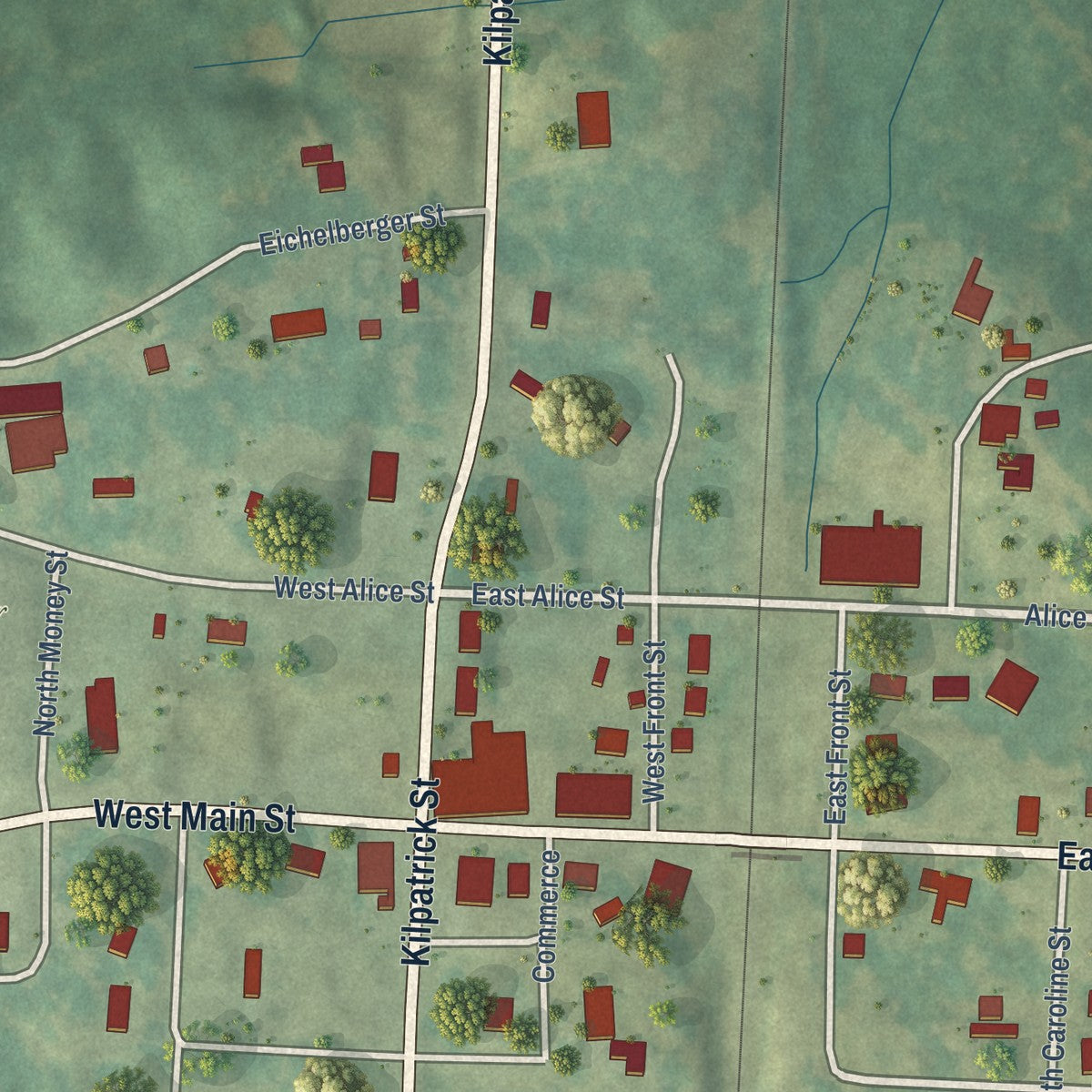Close-up of the map of Noxapater, Mississippi print showing street and building detail