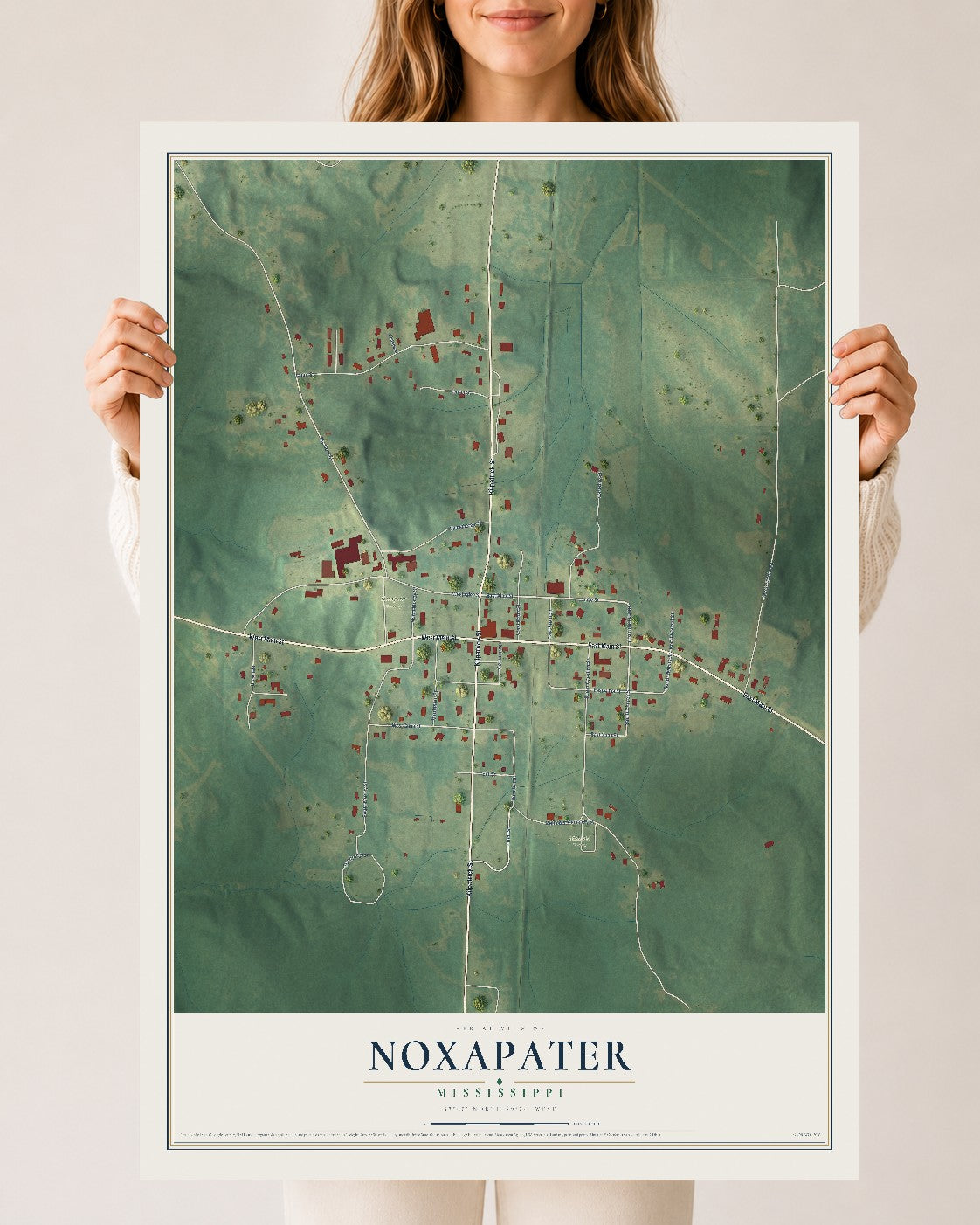 Map of Noxapater, Mississippi, 24 x 36 inch unframed archival matte print