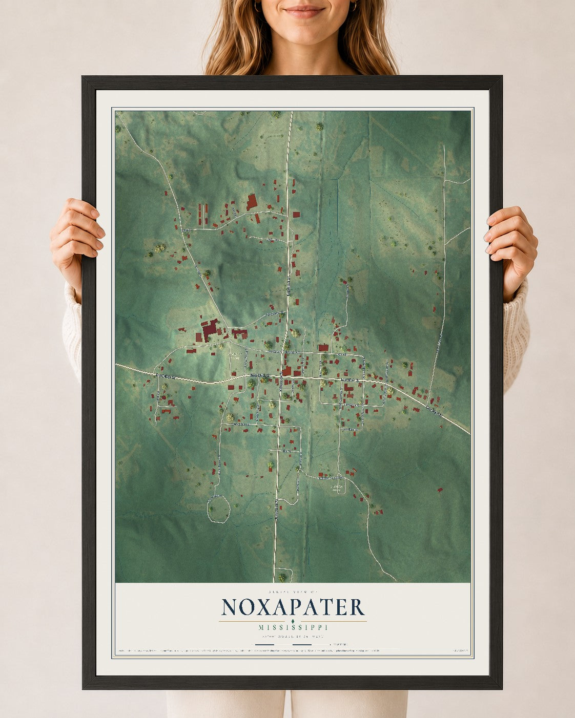 Map of Noxapater, Mississippi, 24 x 36 inch print in a black wood frame
