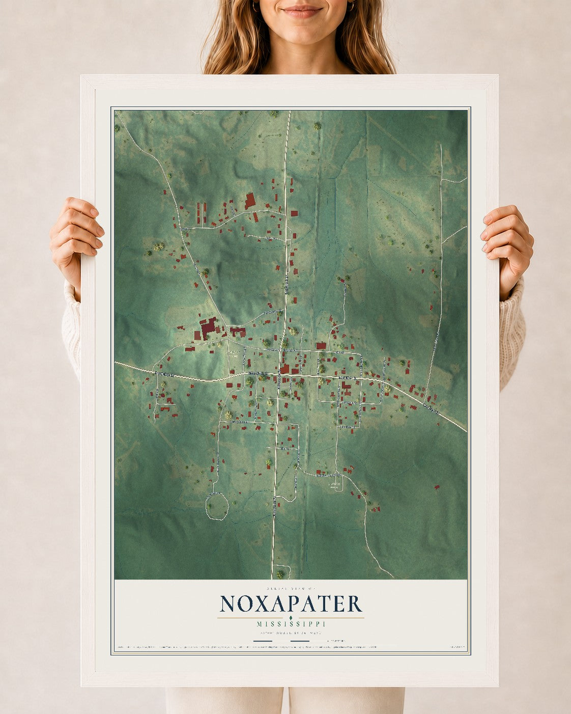 Map of Noxapater, Mississippi, 24 x 36 inch print in a white wood frame