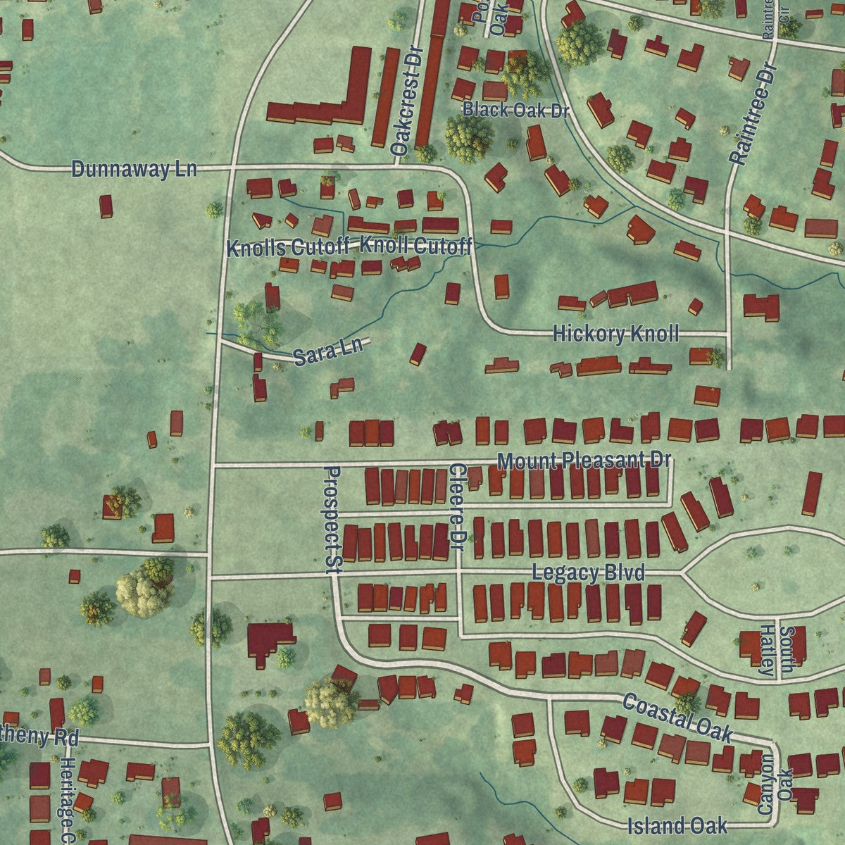 Close-up of the map of Oak Grove, Mississippi print showing street and building detail