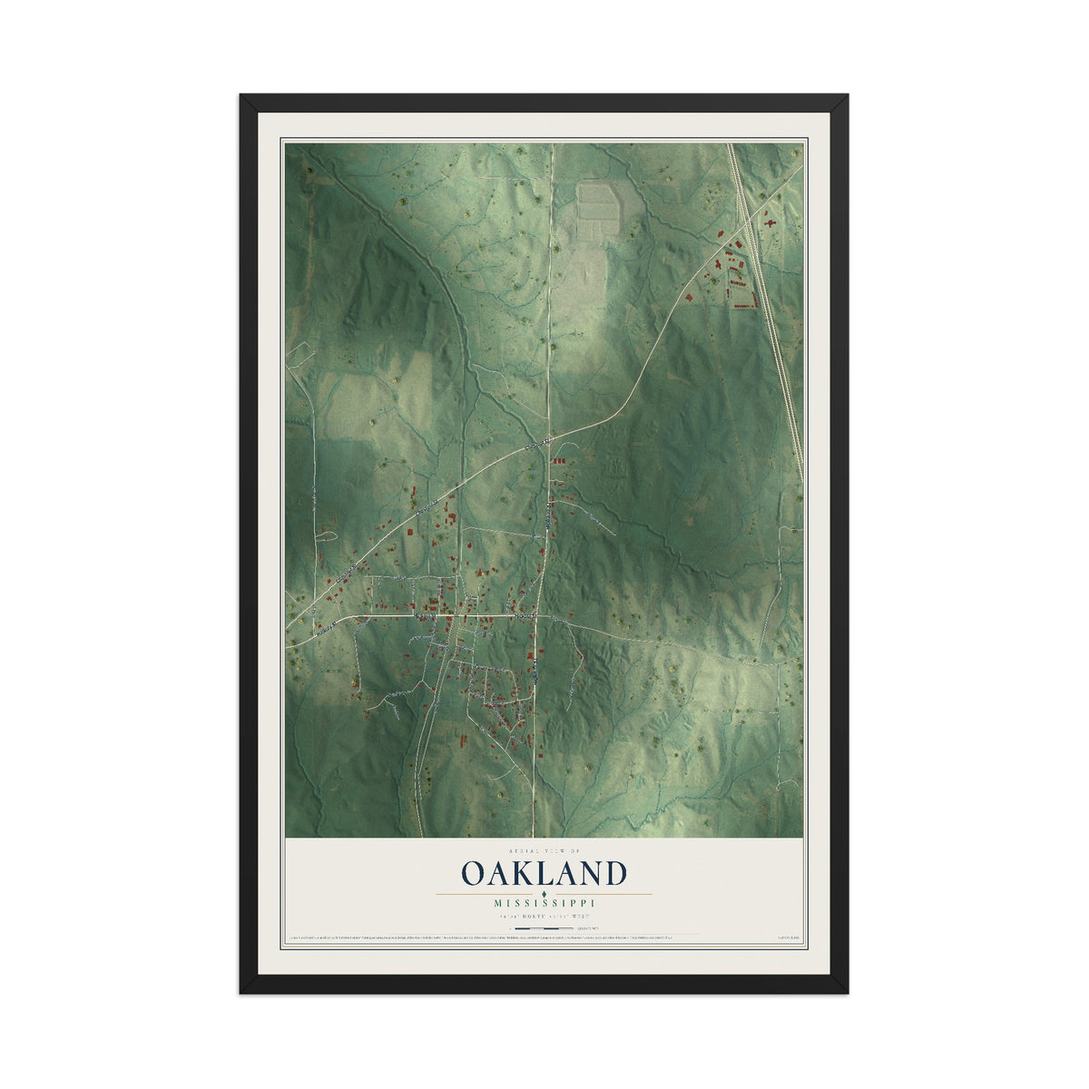 Map of Oakland, Mississippi, 12 x 18 inch print in a black wood frame