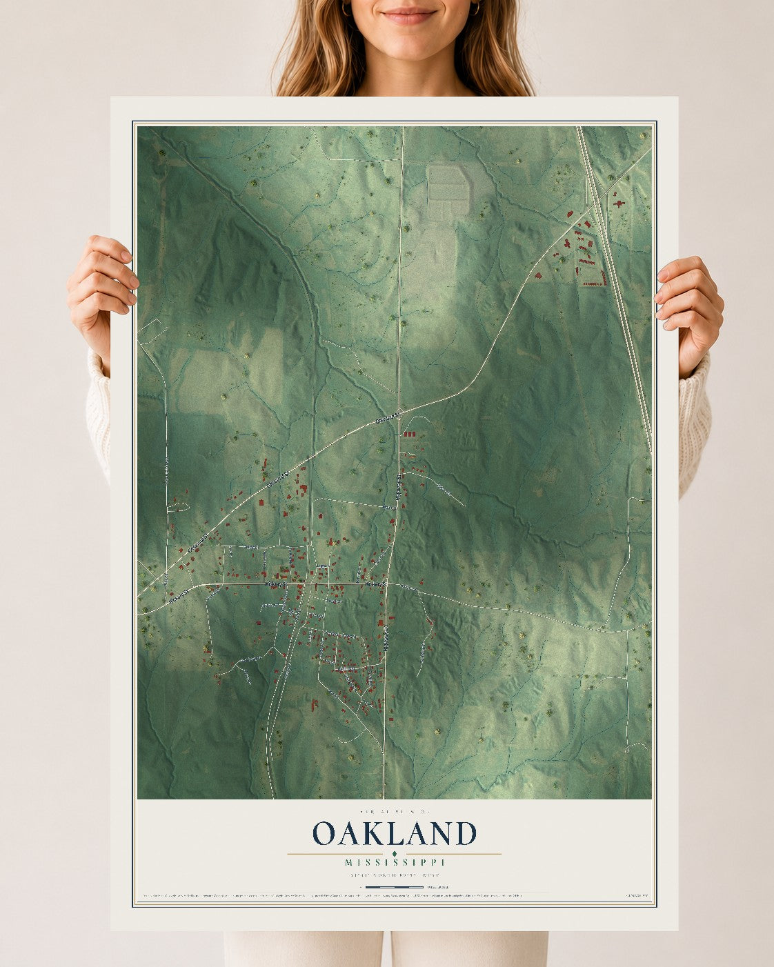Map of Oakland, Mississippi, 24 x 36 inch unframed archival matte print