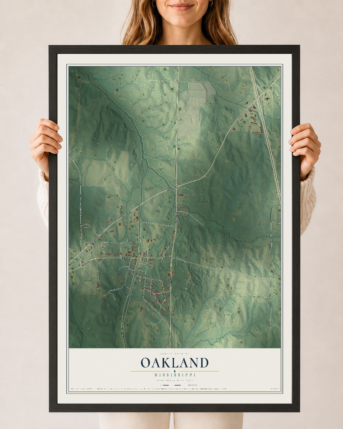 Map of Oakland, Mississippi, 24 x 36 inch print in a black wood frame