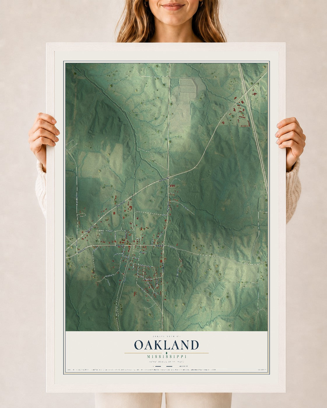 Map of Oakland, Mississippi, 24 x 36 inch print in a white wood frame