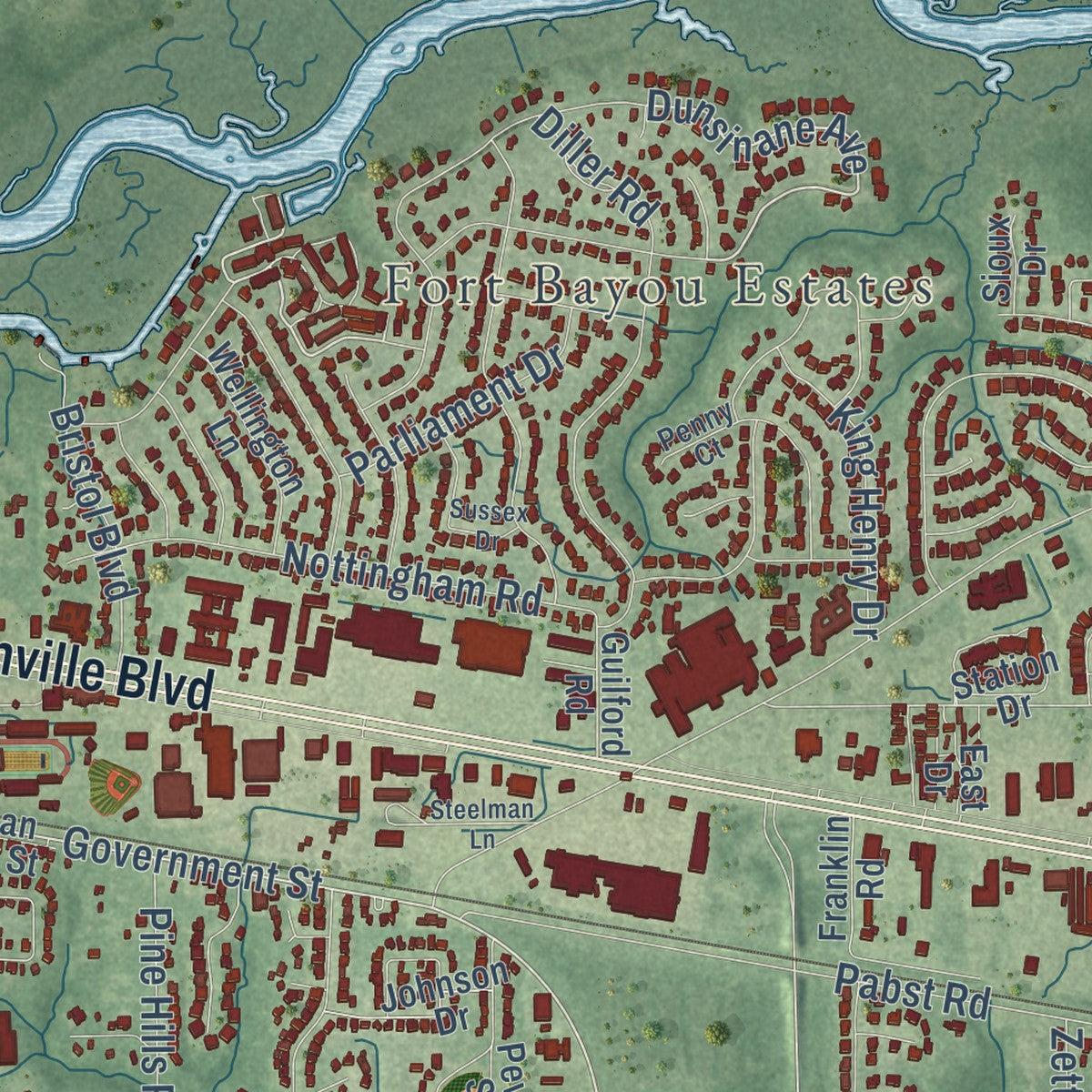 Close-up of the map of Ocean Springs, Mississippi print showing street and building detail
