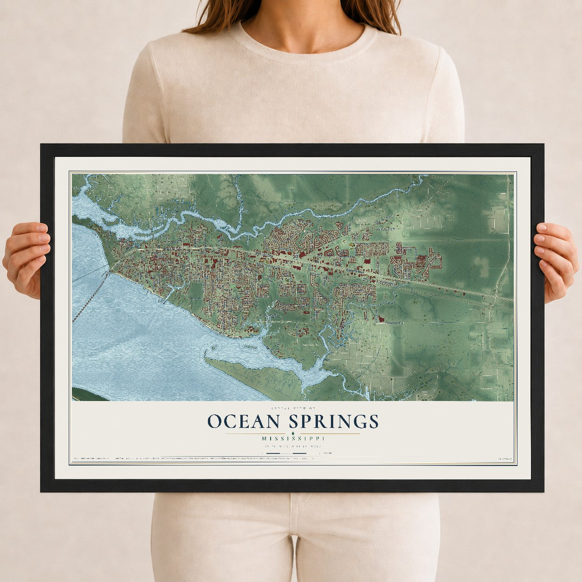 Map of Ocean Springs, Mississippi, 12 x 18 inch print in a black wood frame
