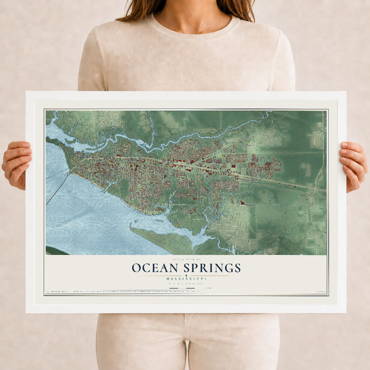 Map of Ocean Springs, Mississippi, 12 x 18 inch print in a white wood frame