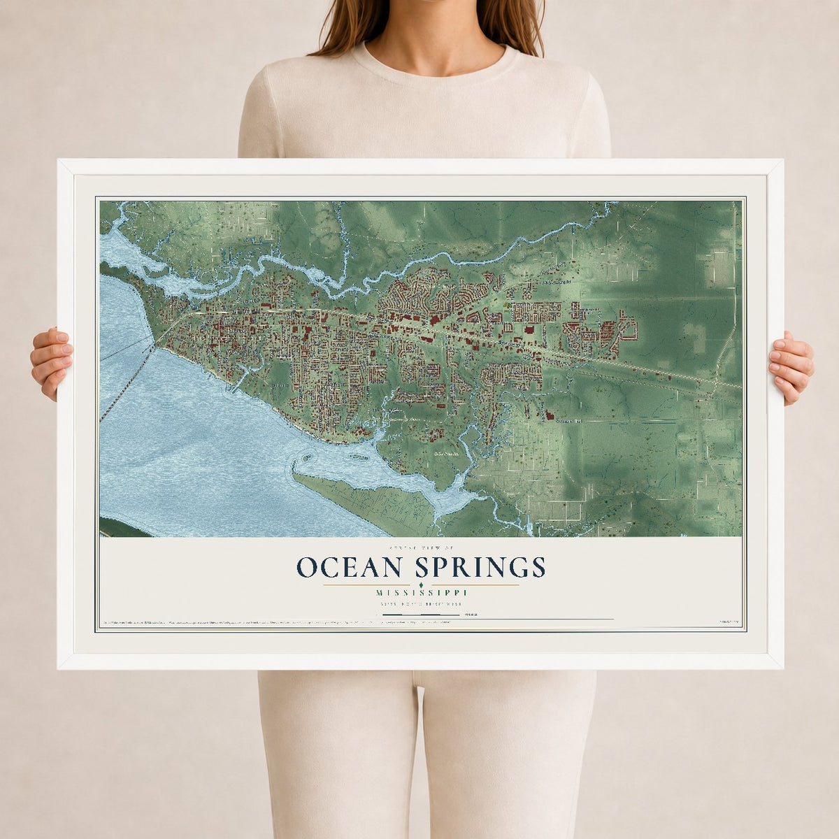 Map of Ocean Springs, Mississippi, 24 x 36 inch print in a white wood frame