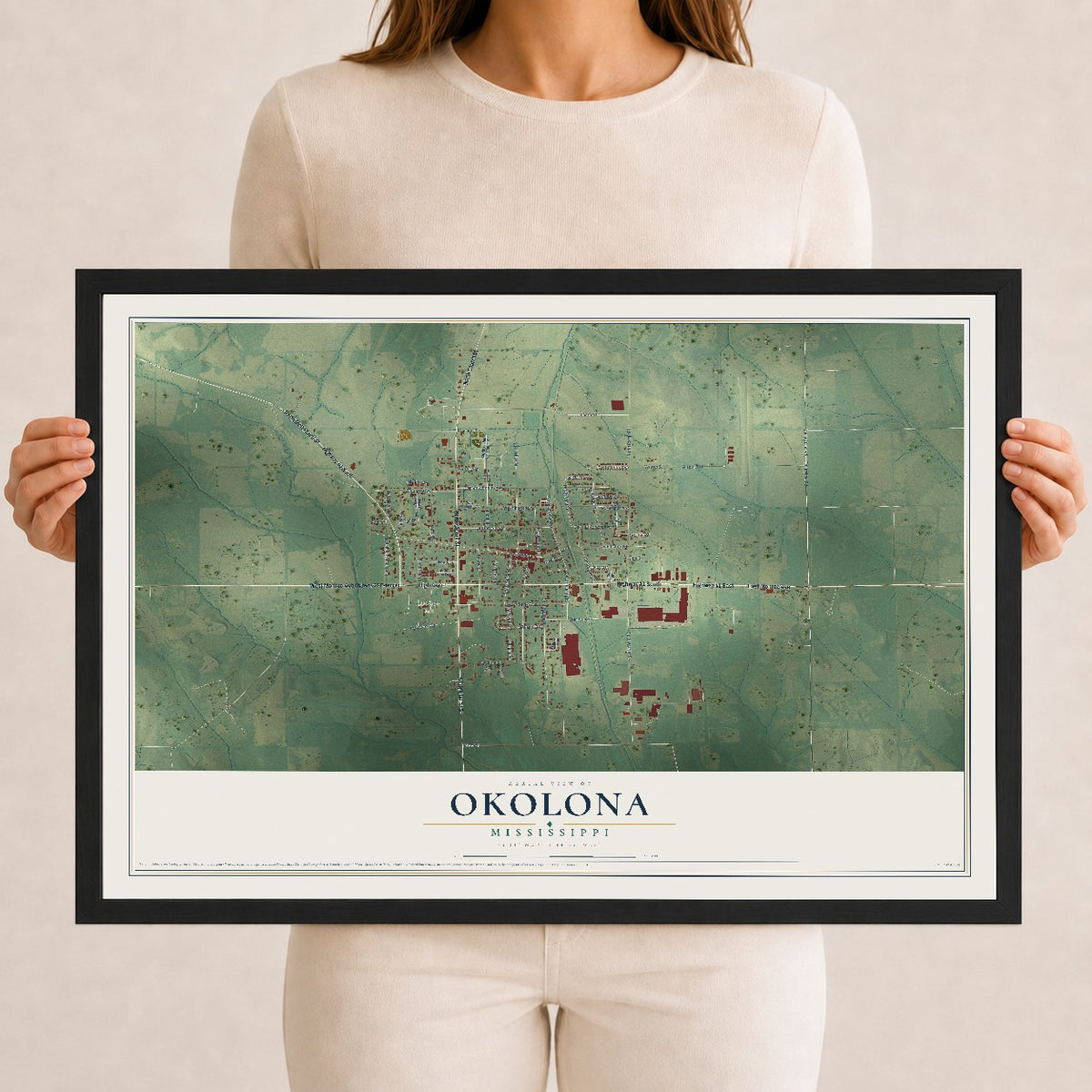 Map of Okolona, Mississippi, 12 x 18 inch print in a black wood frame