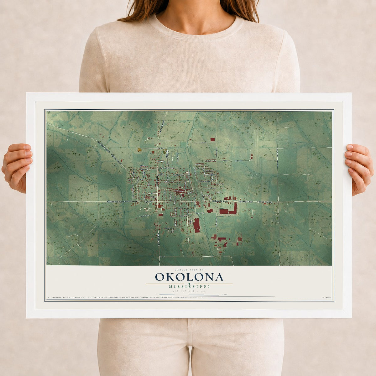Map of Okolona, Mississippi, 12 x 18 inch print in a white wood frame