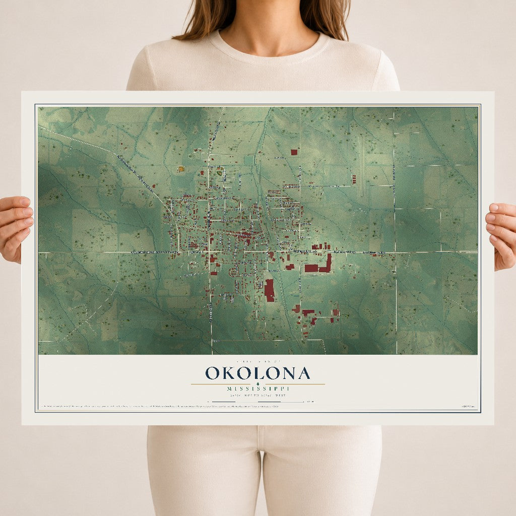 Map of Okolona, Mississippi, 18 x 24 inch unframed archival matte print