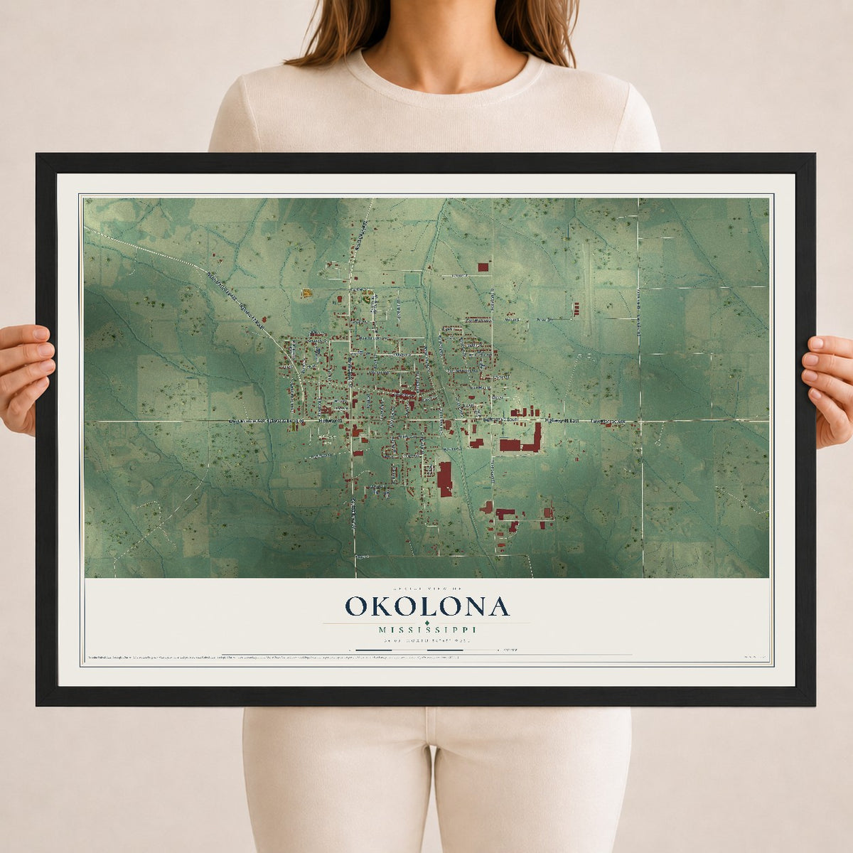 Map of Okolona, Mississippi, 18 x 24 inch print in a black wood frame