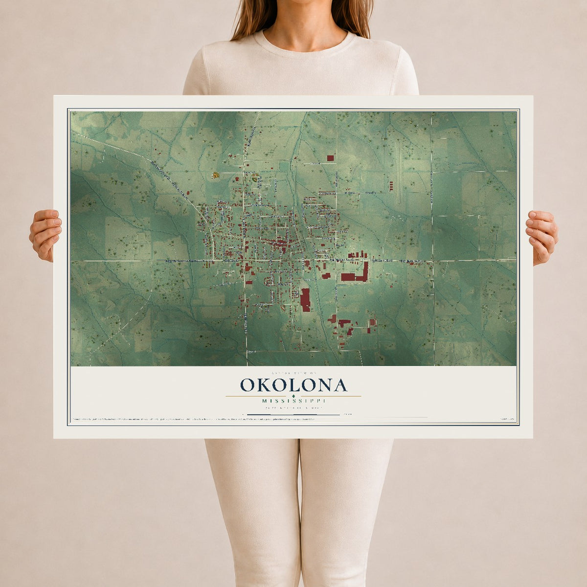 Map of Okolona, Mississippi, 24 x 36 inch unframed archival matte print