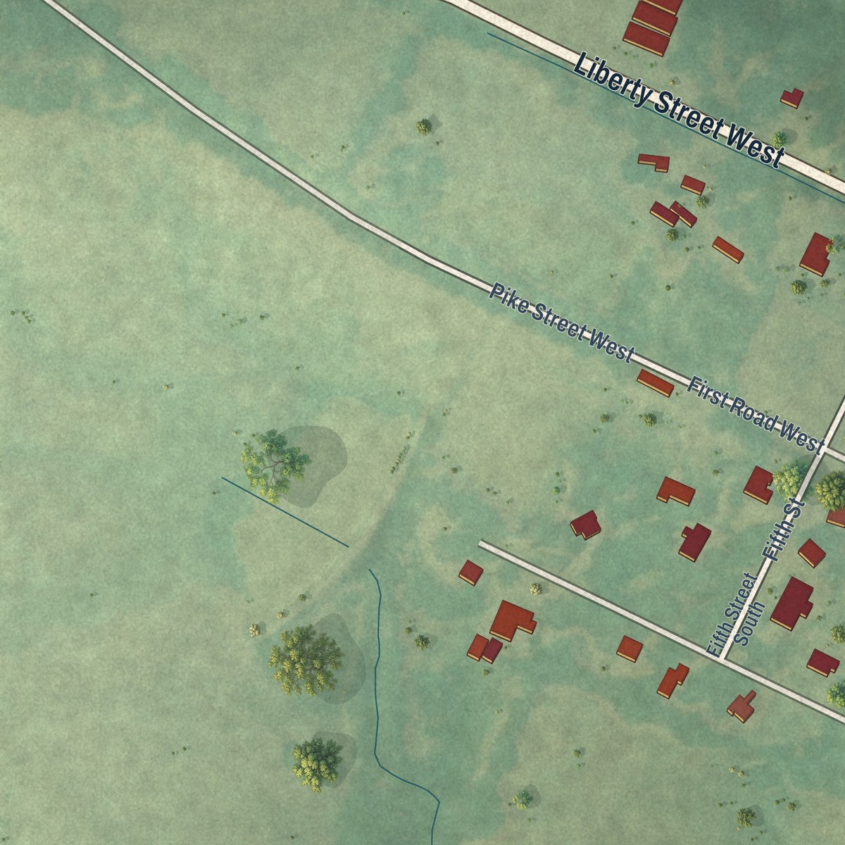 Second close-up of the map of Osyka, Mississippi print showing more streets and buildings