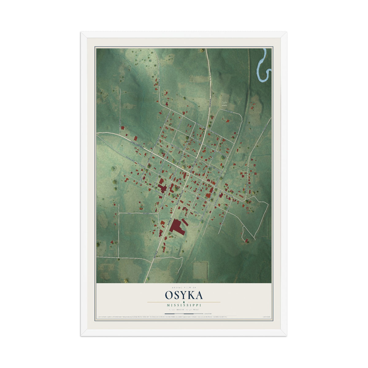 Map of Osyka, Mississippi, 12 x 18 inch print in a white wood frame