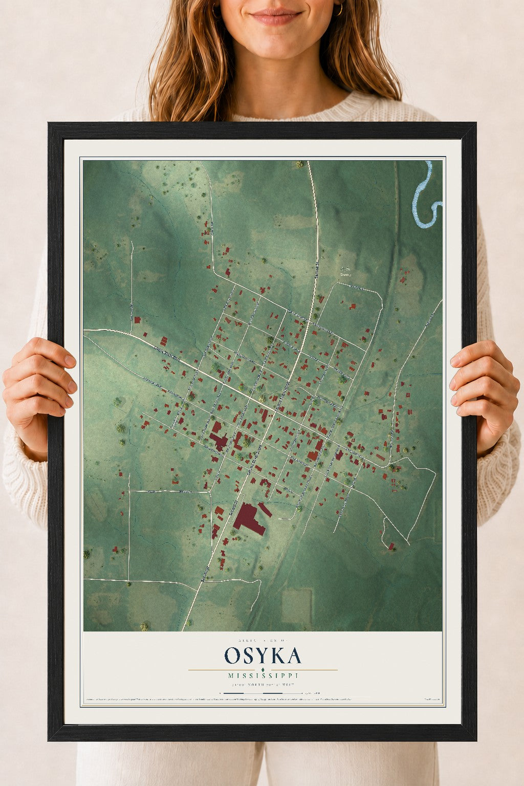 Map of Osyka, Mississippi, 18 x 24 inch print in a black wood frame