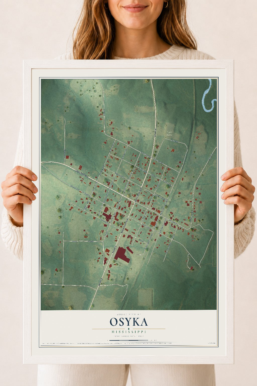Map of Osyka, Mississippi, 18 x 24 inch print in a white wood frame