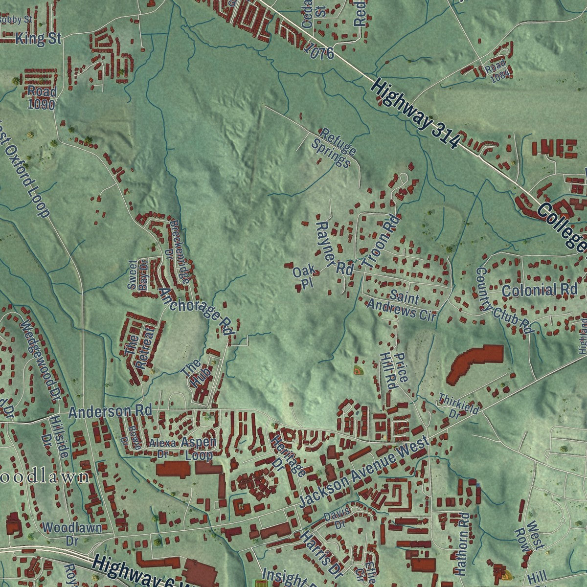 Second close-up of the map of Oxford, Mississippi print showing more streets and buildings
