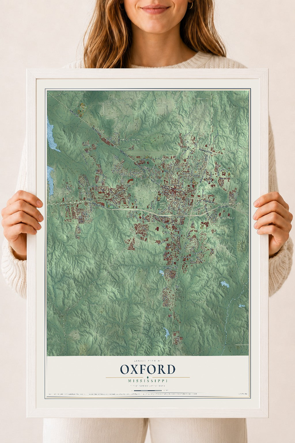Map of Oxford, Mississippi, 18 x 24 inch print in a white wood frame