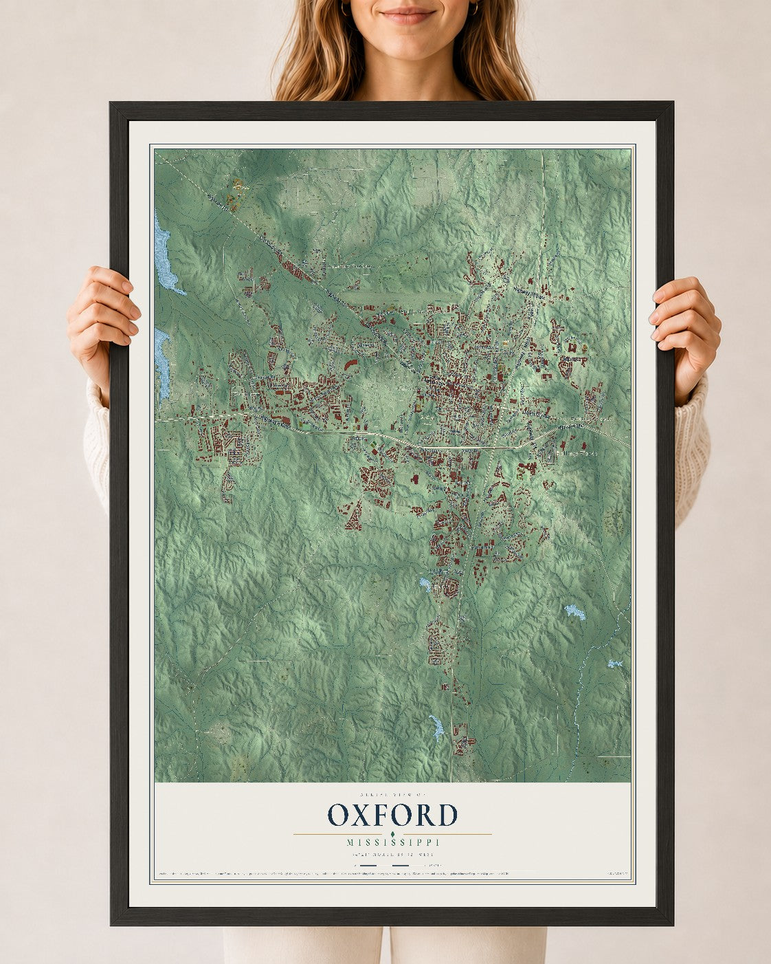 Map of Oxford, Mississippi, 24 x 36 inch print in a black wood frame