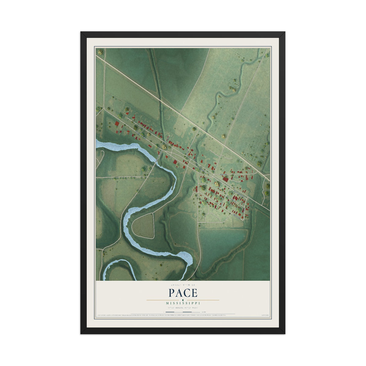 Map of Pace, Mississippi, 12 x 18 inch print in a black wood frame