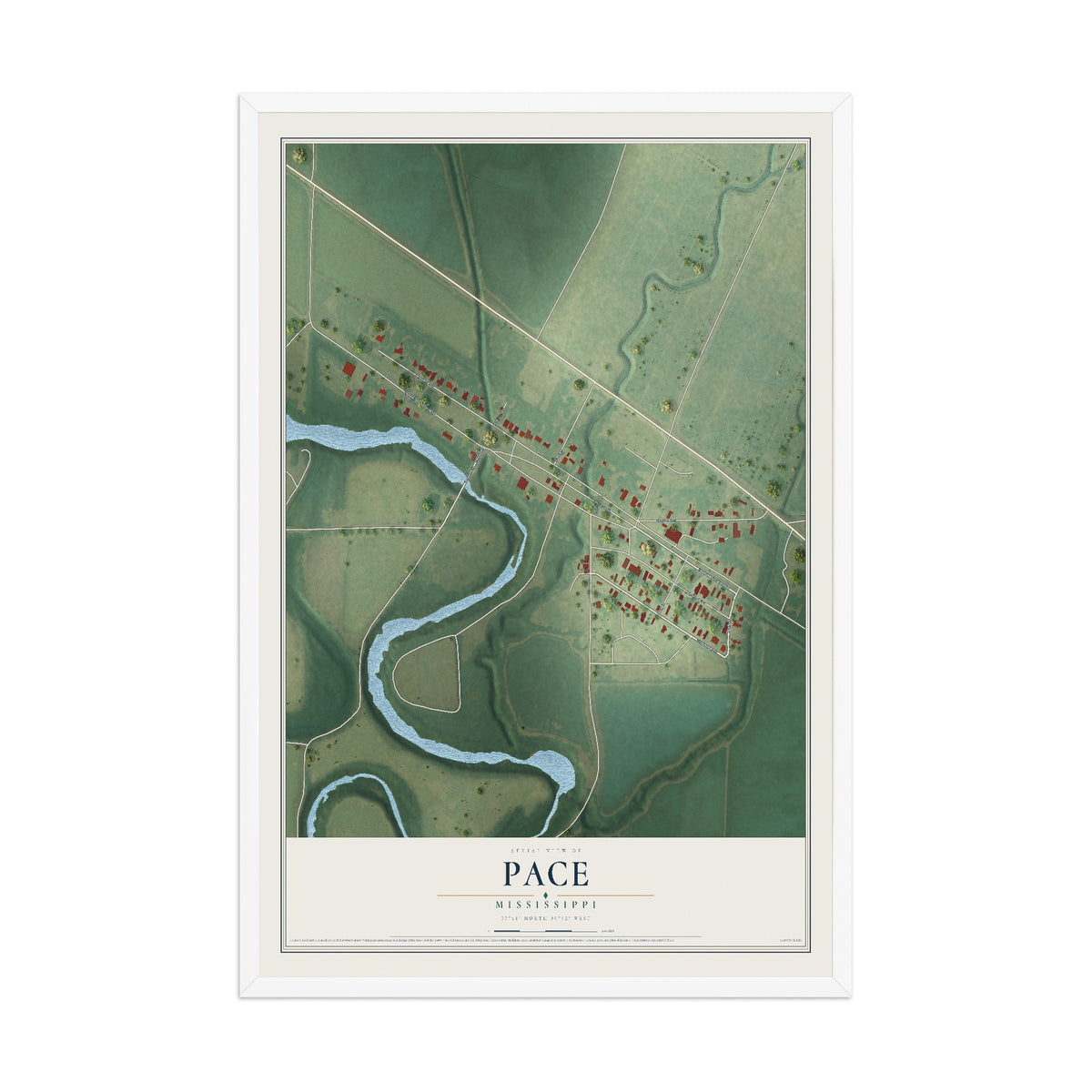 Map of Pace, Mississippi, 12 x 18 inch print in a white wood frame