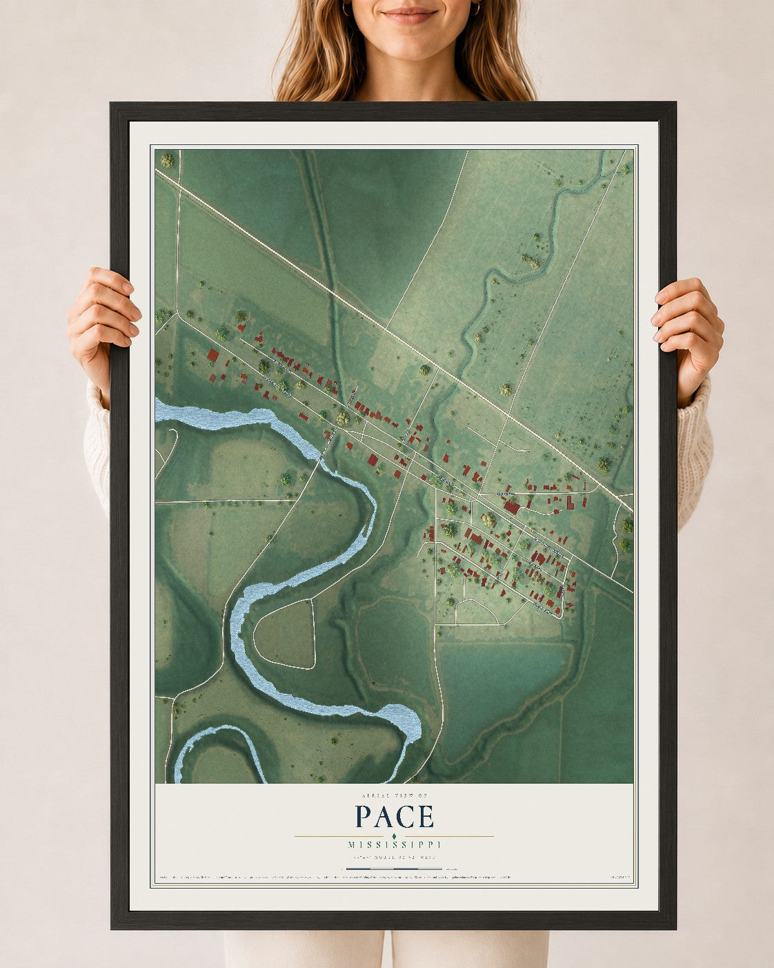 Map of Pace, Mississippi, 24 x 36 inch print in a black wood frame