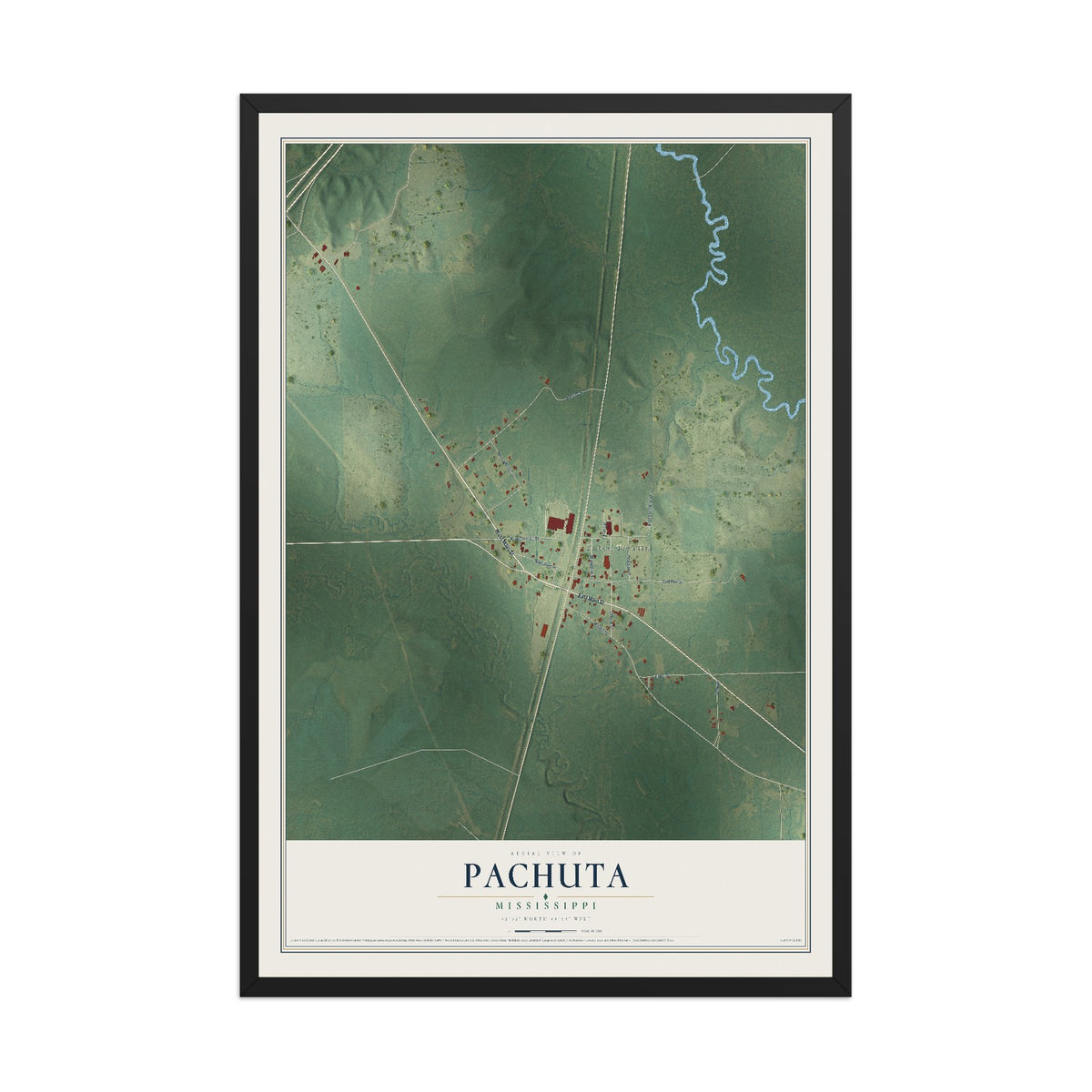 Map of Pachuta, Mississippi, 12 x 18 inch print in a black wood frame