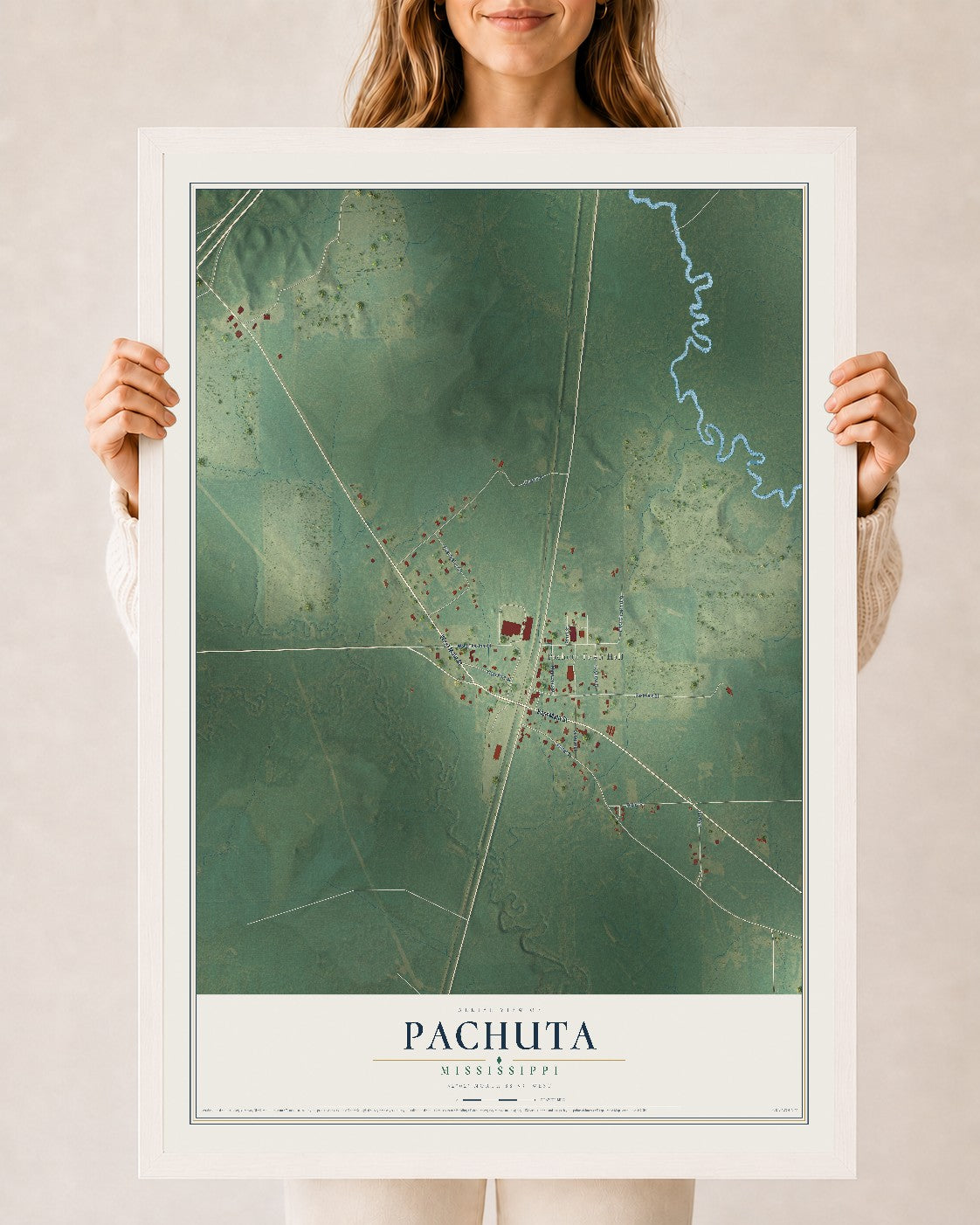 Map of Pachuta, Mississippi, 24 x 36 inch print in a white wood frame