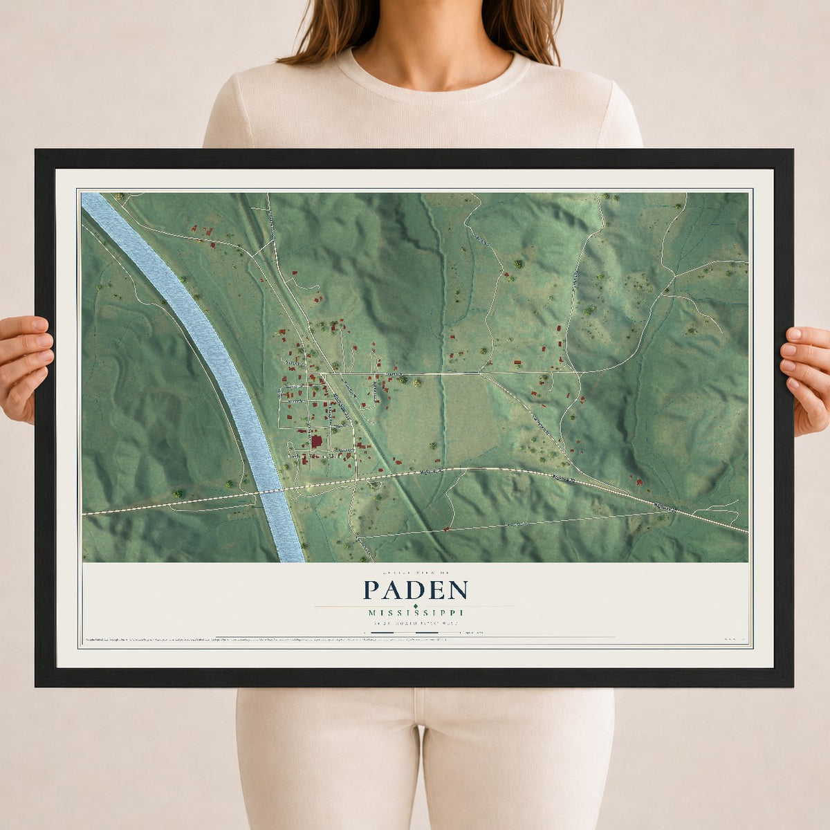 Map of Paden, Mississippi, 18 x 24 inch print in a black wood frame