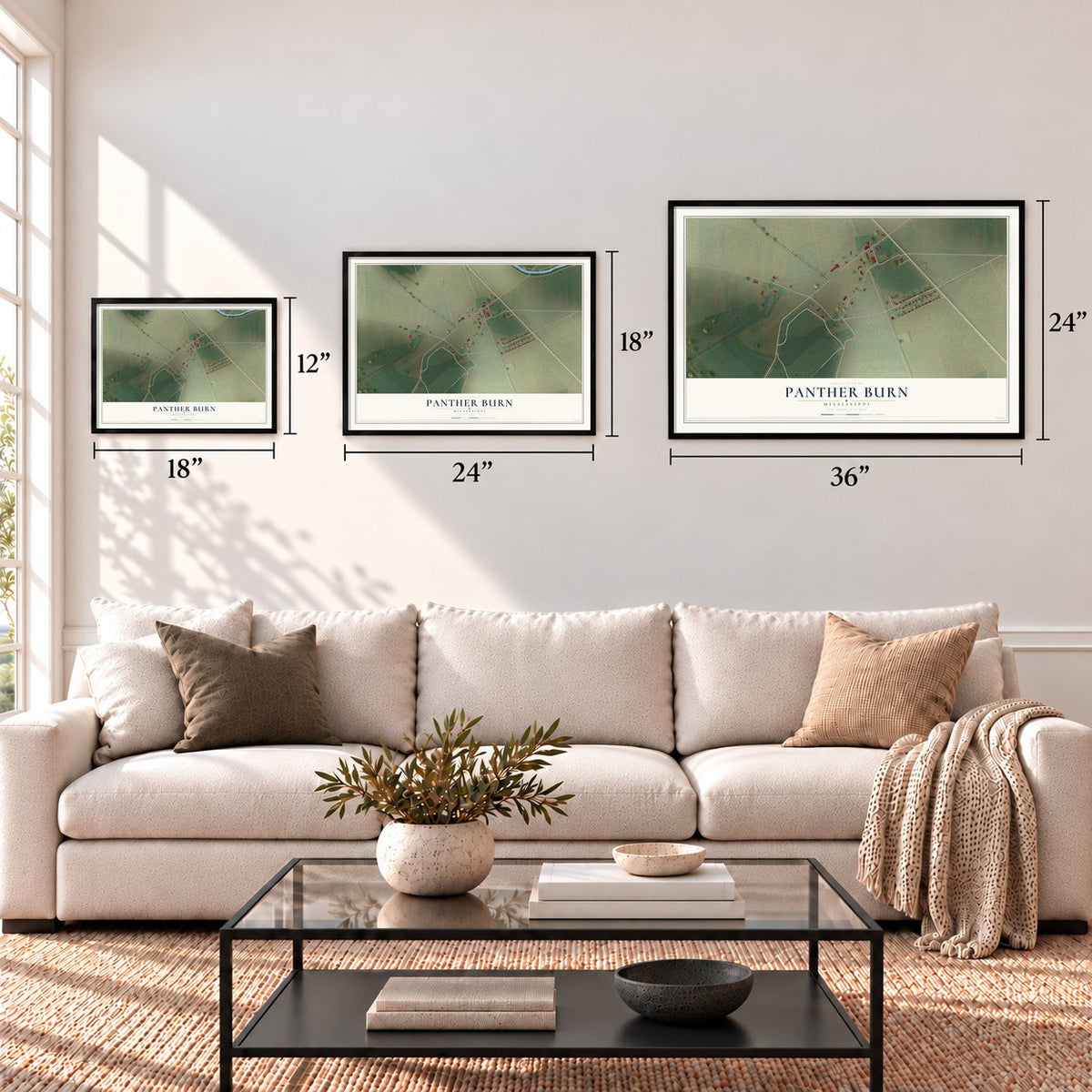 Panther Burn, Mississippi map in 12 x 18, 18 x 24 and 24 x 36 inch sizes above a sofa