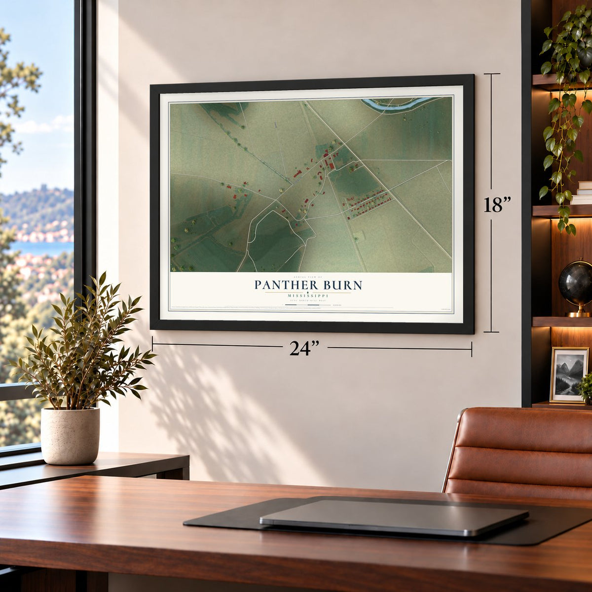Panther Burn, Mississippi map, 18 x 24 inch print in a black frame in a home office