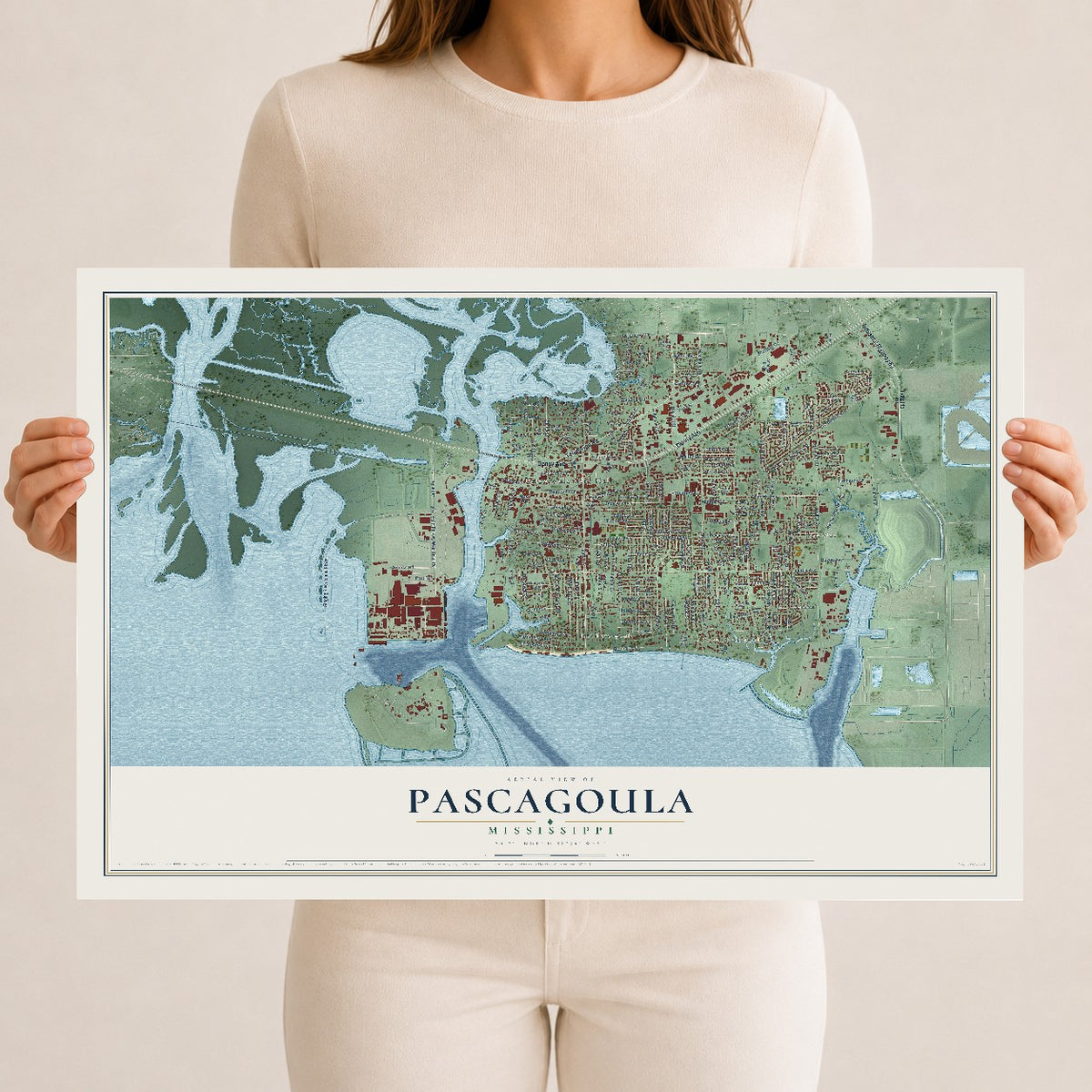 Map of Pascagoula, Mississippi, 12 x 18 inch unframed archival matte print
