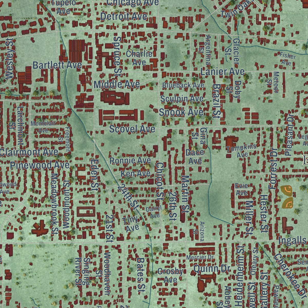 Close-up of the map of Pascagoula, Mississippi print showing street and building detail