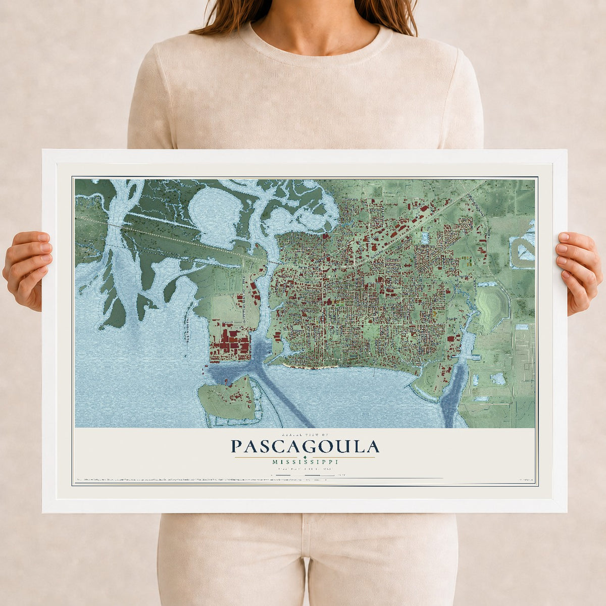Map of Pascagoula, Mississippi, 12 x 18 inch print in a white wood frame