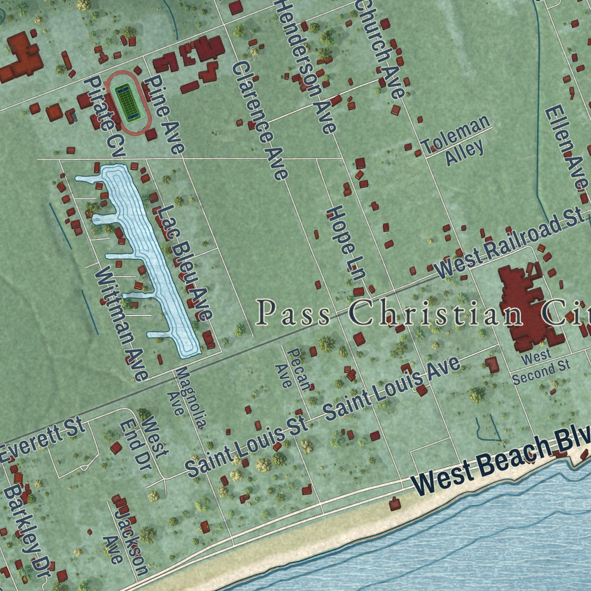 Second close-up of the map of Pass Christian, Mississippi print showing more streets and buildings