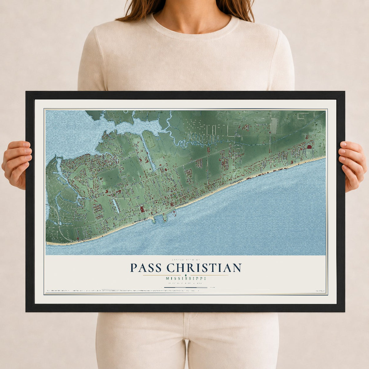 Map of Pass Christian, Mississippi, 12 x 18 inch print in a black wood frame