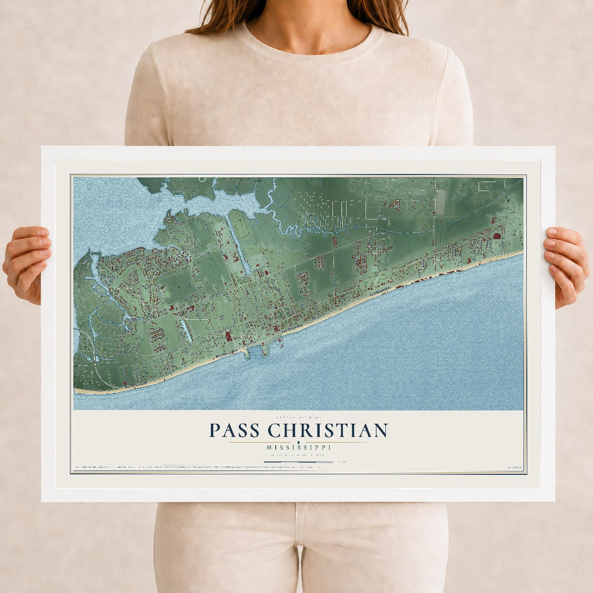 Map of Pass Christian, Mississippi, 12 x 18 inch print in a white wood frame