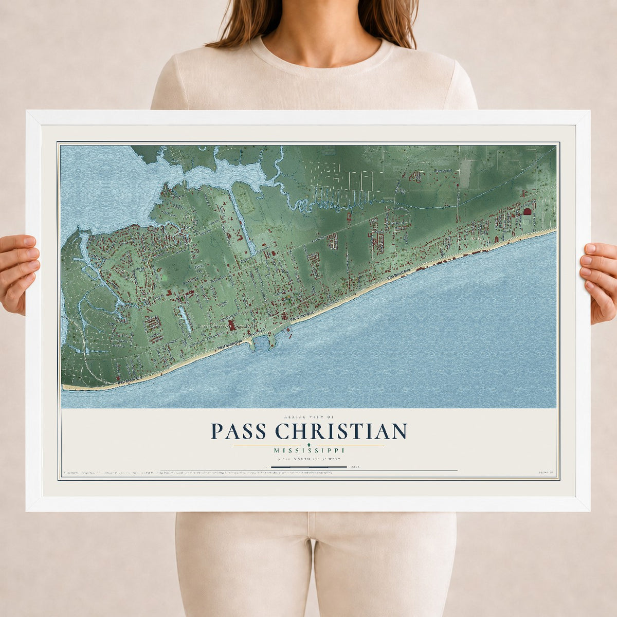 Map of Pass Christian, Mississippi, 18 x 24 inch print in a white wood frame