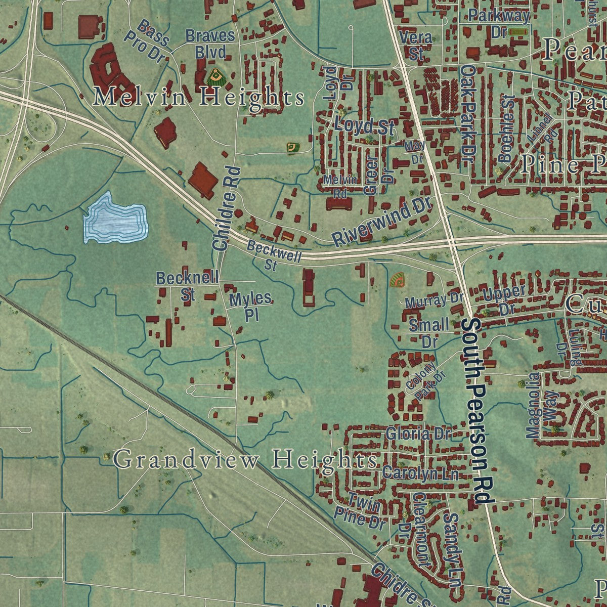 Second close-up of the map of Pearl, Mississippi print showing more streets and buildings