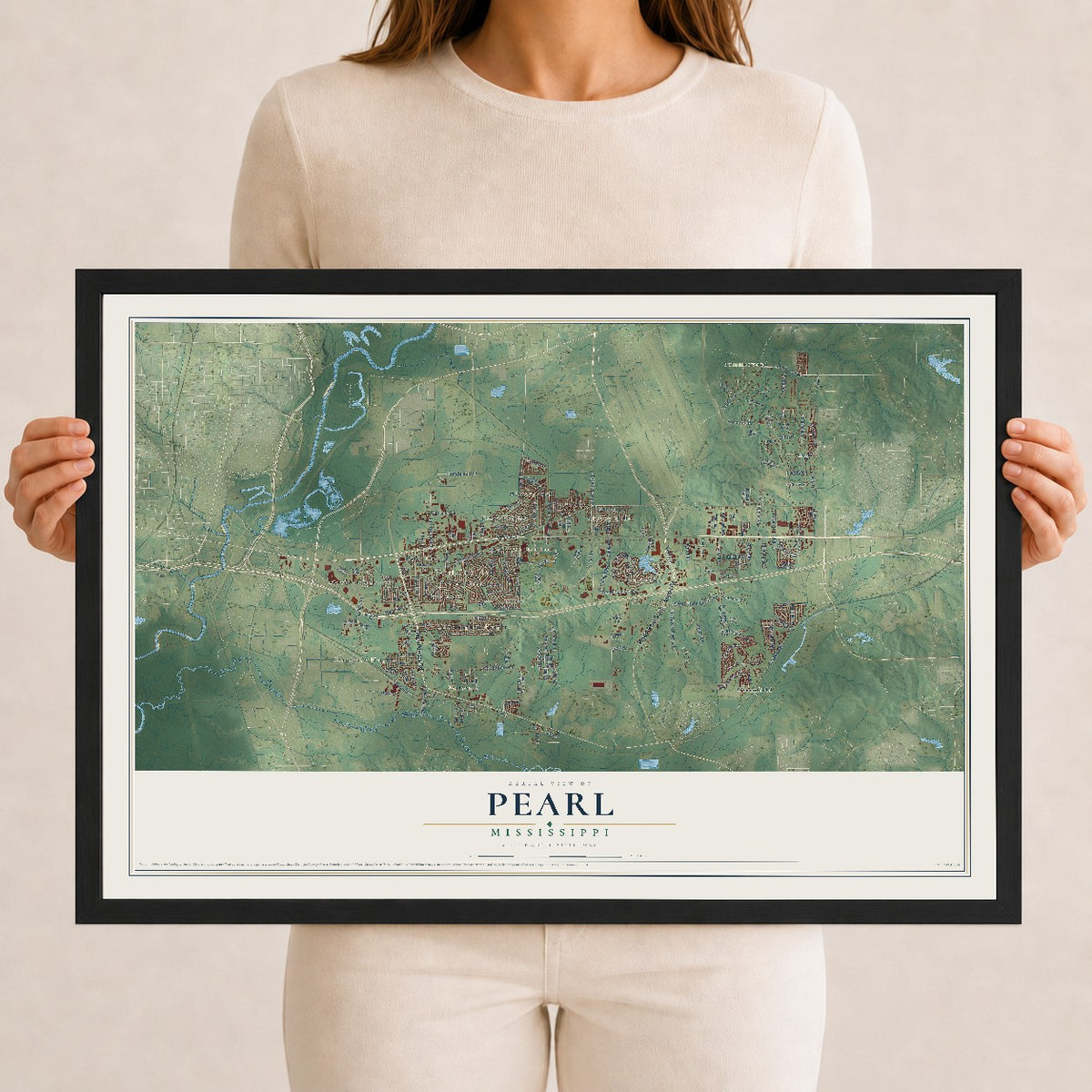 Map of Pearl, Mississippi, 12 x 18 inch print in a black wood frame