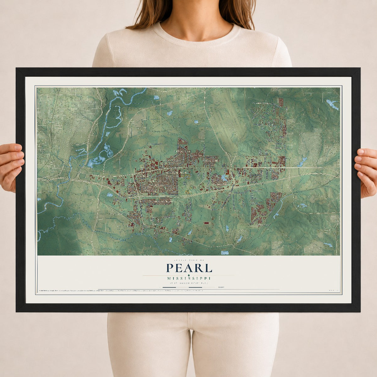 Map of Pearl, Mississippi, 18 x 24 inch print in a black wood frame