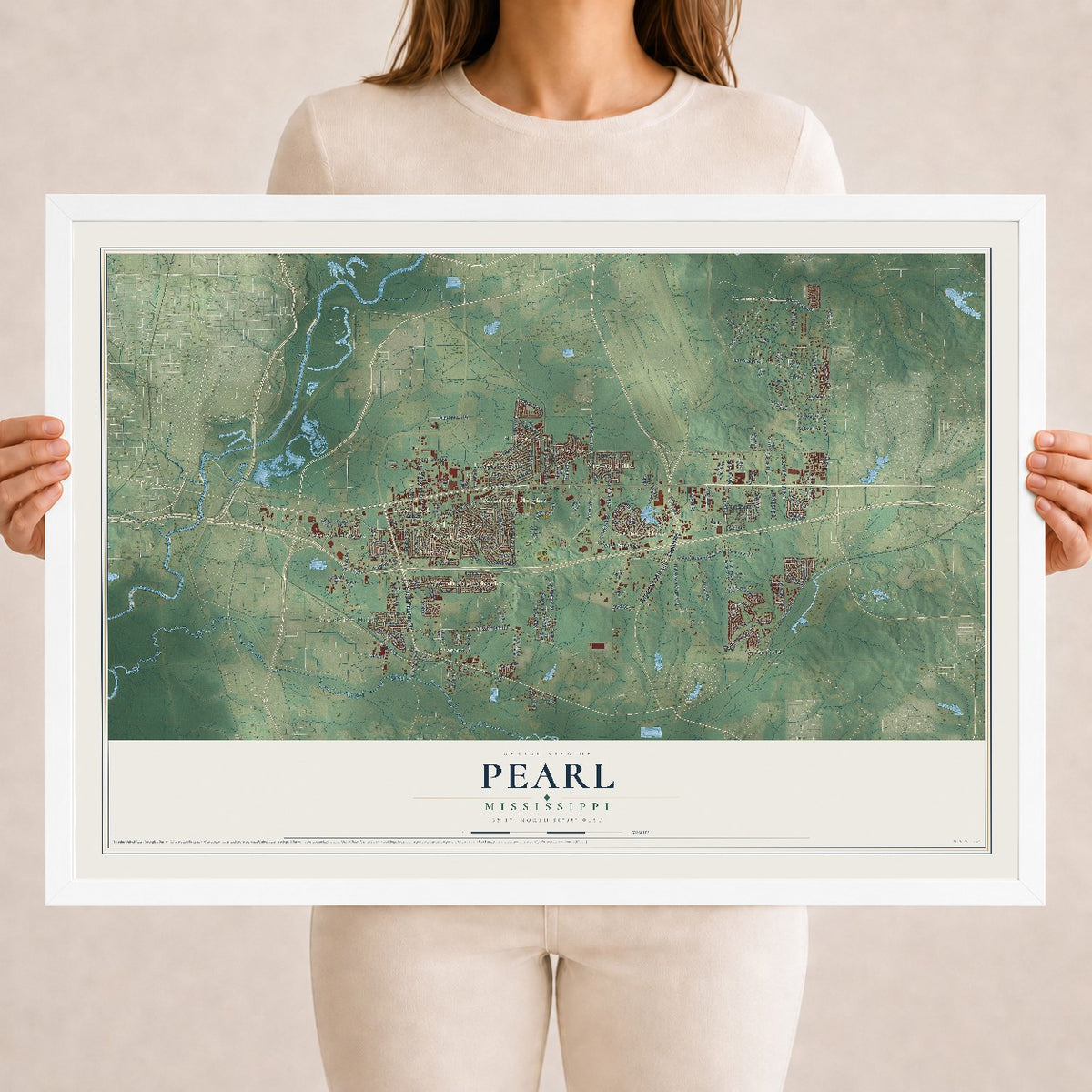 Map of Pearl, Mississippi, 18 x 24 inch print in a white wood frame
