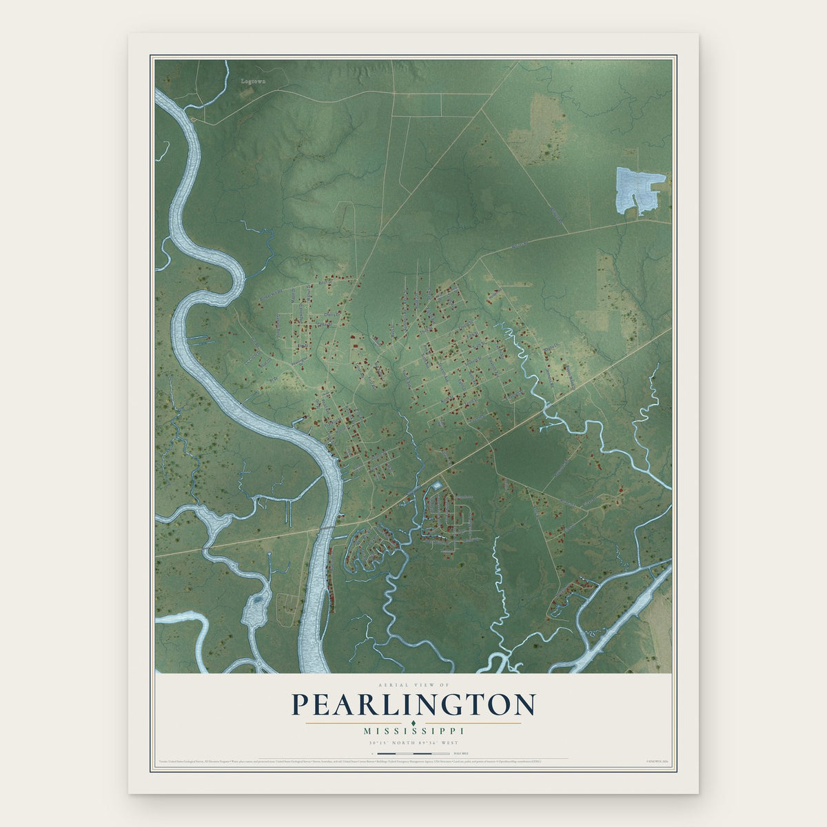 Pearlington, Mississippi map print, the full design