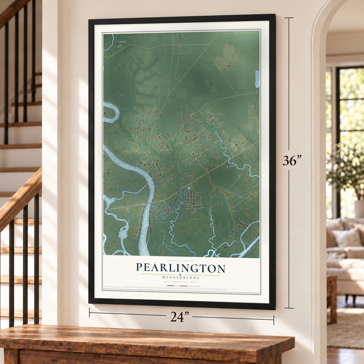 Pearlington, Mississippi map, 24 x 36 inch print in a black frame by a staircase