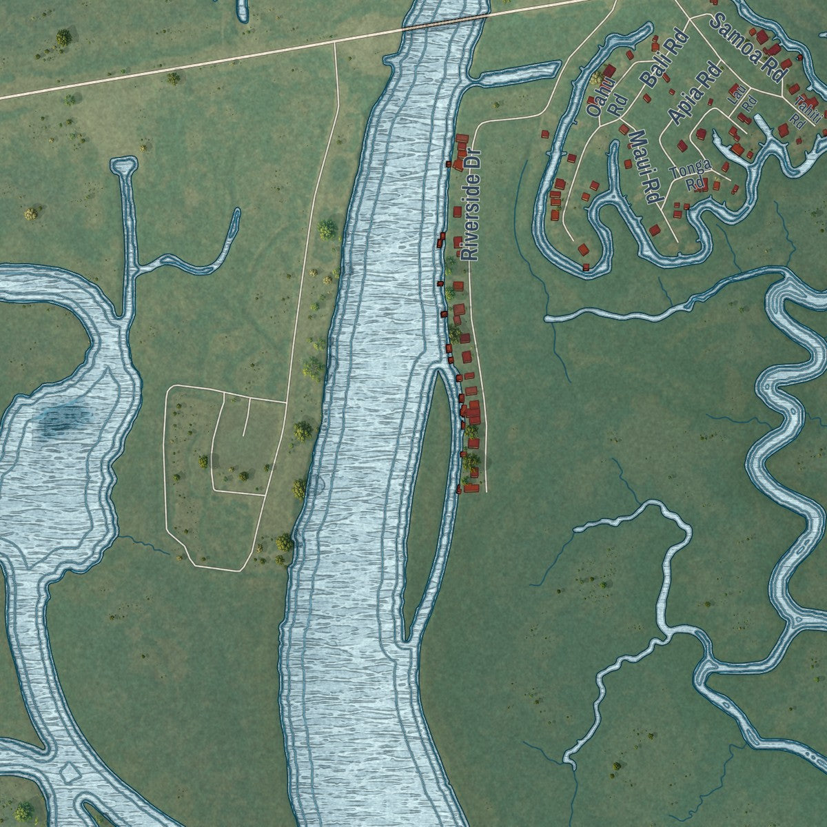 Close-up of the map of Pearlington, Mississippi print showing street and building detail