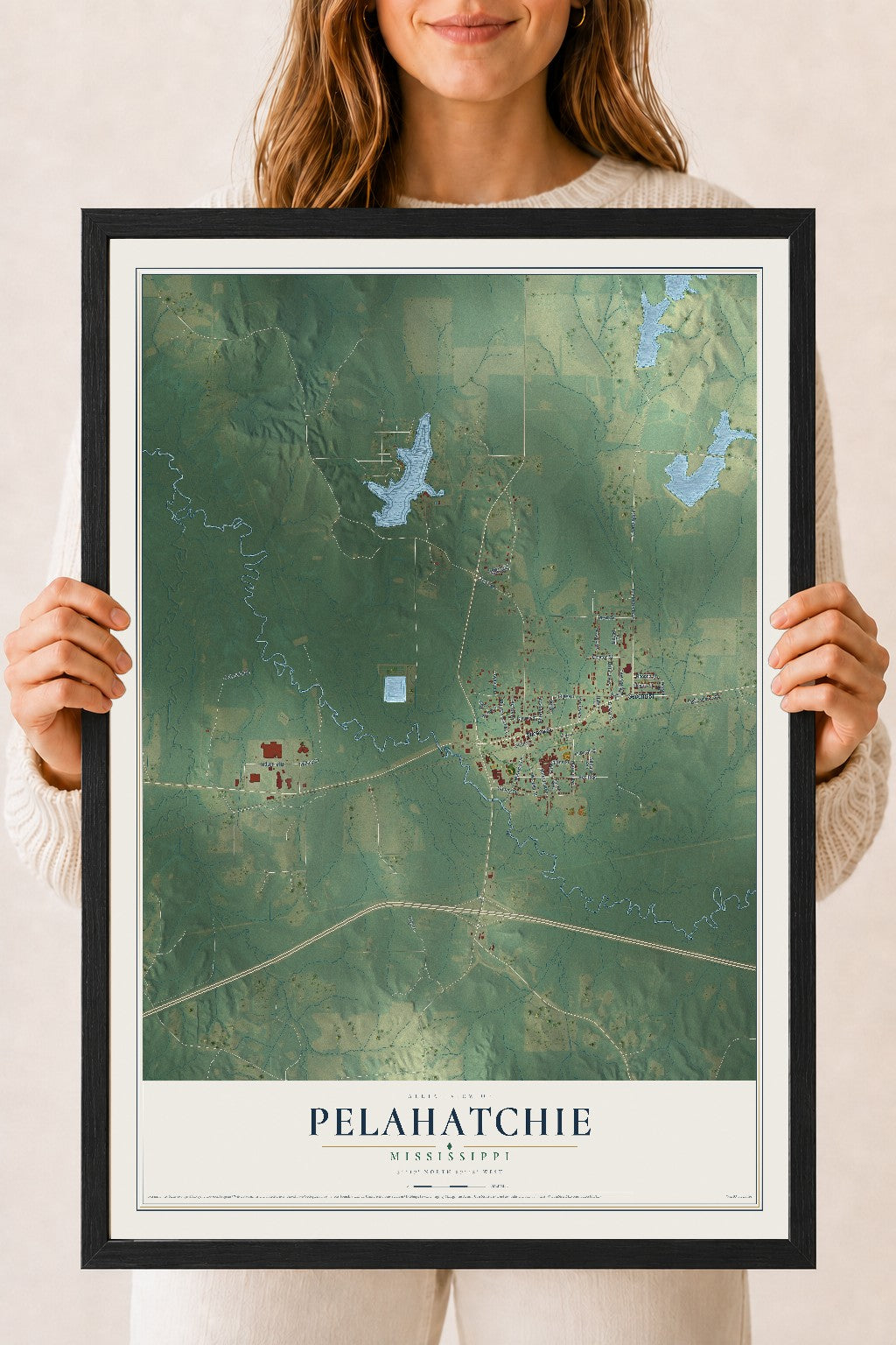 Map of Pelahatchie, Mississippi, 18 x 24 inch print in a black wood frame