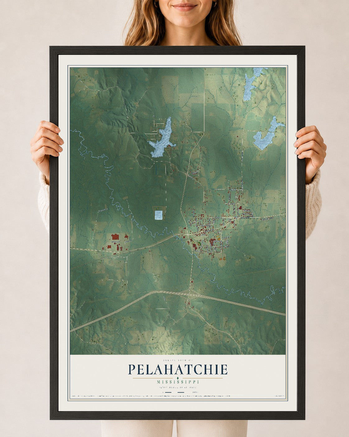 Map of Pelahatchie, Mississippi, 24 x 36 inch print in a black wood frame